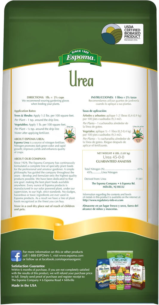 Espoma Urea 4 lb – High-Nitrogen Fertilizer for Lush Green Growth – Includes Claw Gloves & Soil pH Test Kit