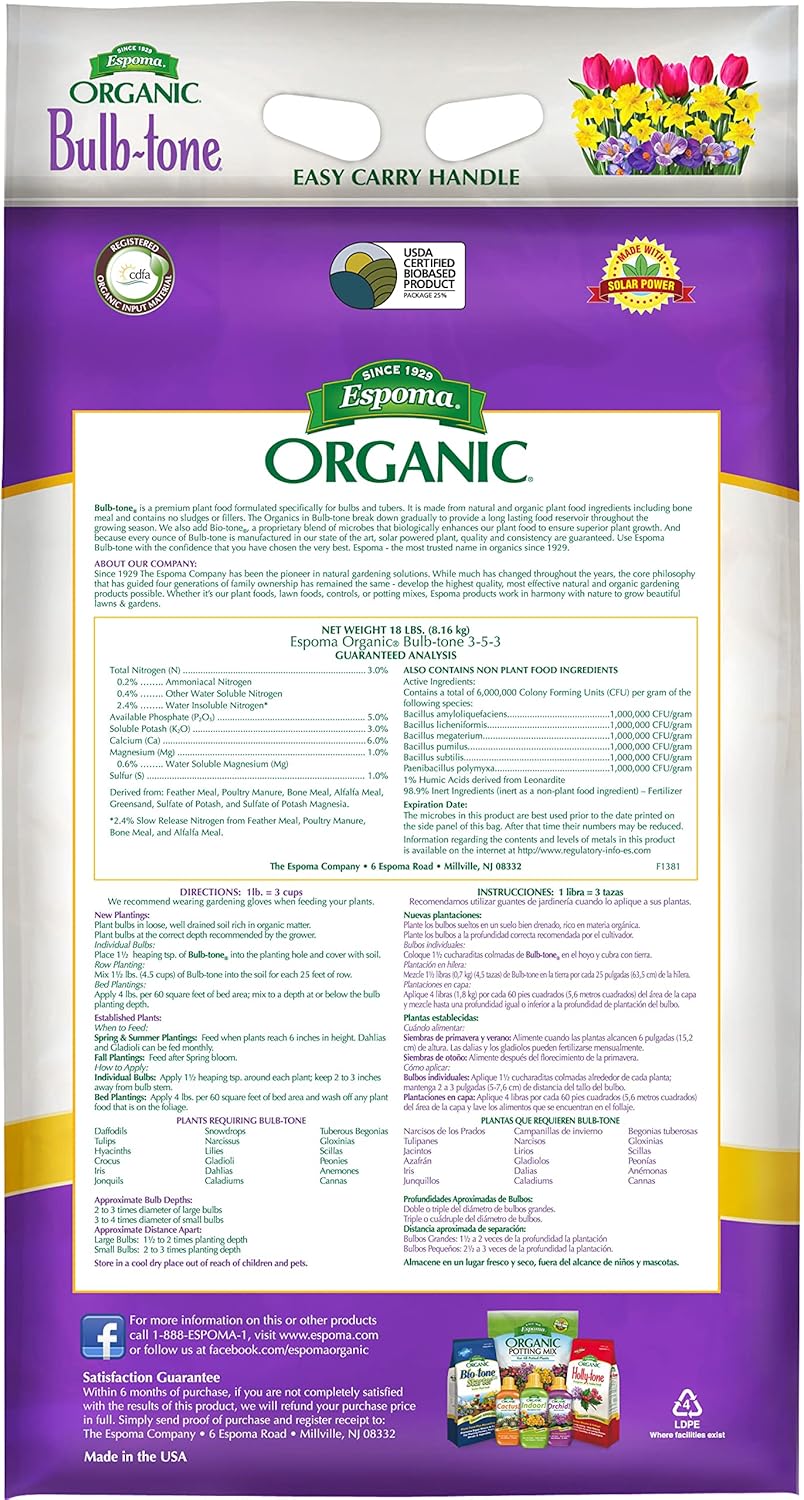 Espoma Bulb-tone 18 lb – Fertilizer for Flowering Bulbs + Free Claw Gloves & pH Test Kit