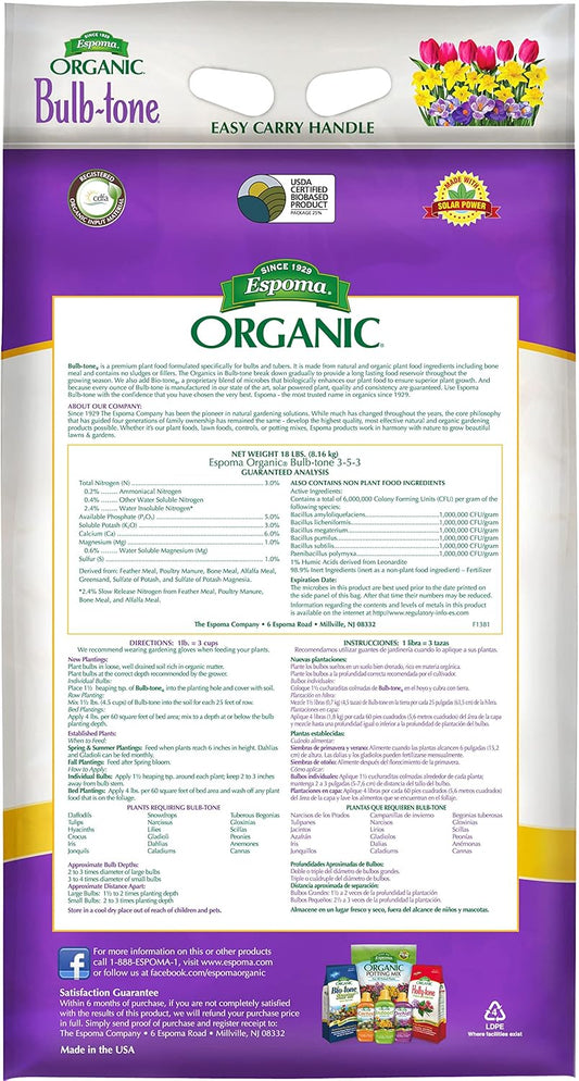 Espoma Bulb-tone 18 lb – Fertilizer for Flowering Bulbs + Free Claw Gloves & pH Test Kit