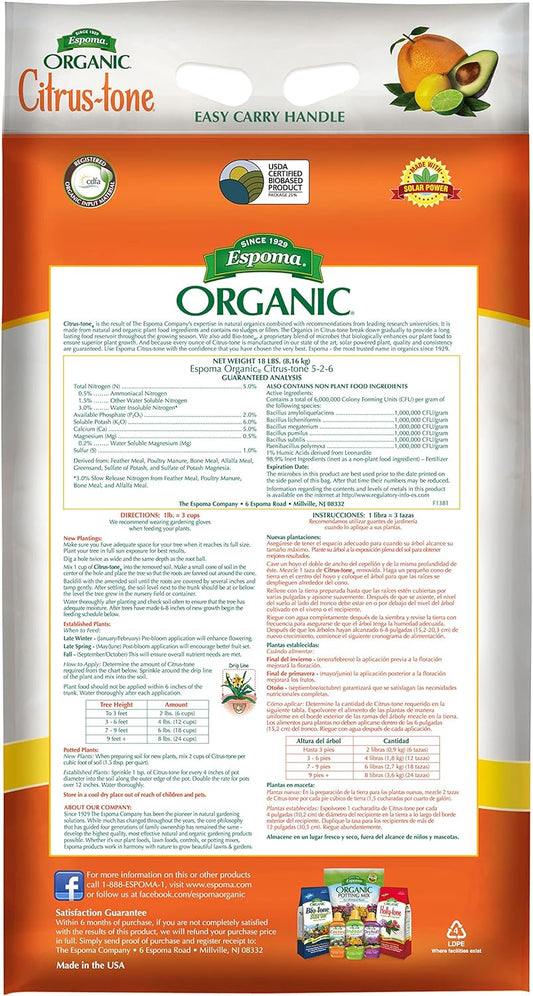 Citrus-tone 18 lb – Espoma Organic Citrus Fertilizer – with My Garden Pool Claw Gloves & Soil pH Test Strips