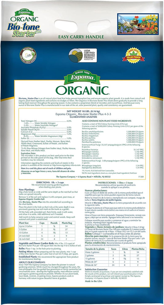 Bio-tone Starter Plus 18 lb – Espoma Organic Transplant Fertilizer with Myco-tone – Includes My Garden Pool Claw Gloves & Soil pH Test Strips