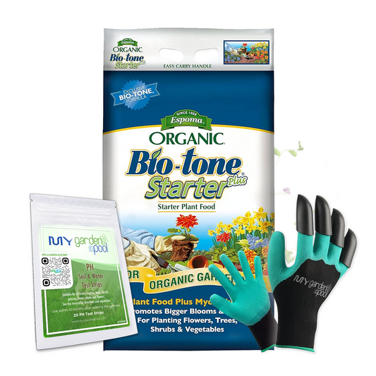 Bio-tone Starter Plus 8 lb – Espoma Organic Transplant Fertilizer with Myco-tone – Includes My Garden Pool Claw Gloves & Soil pH Test Strips