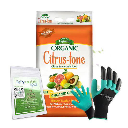 Citrus-tone 18 lb – Espoma Organic Citrus Fertilizer – with My Garden Pool Claw Gloves & Soil pH Test Strips