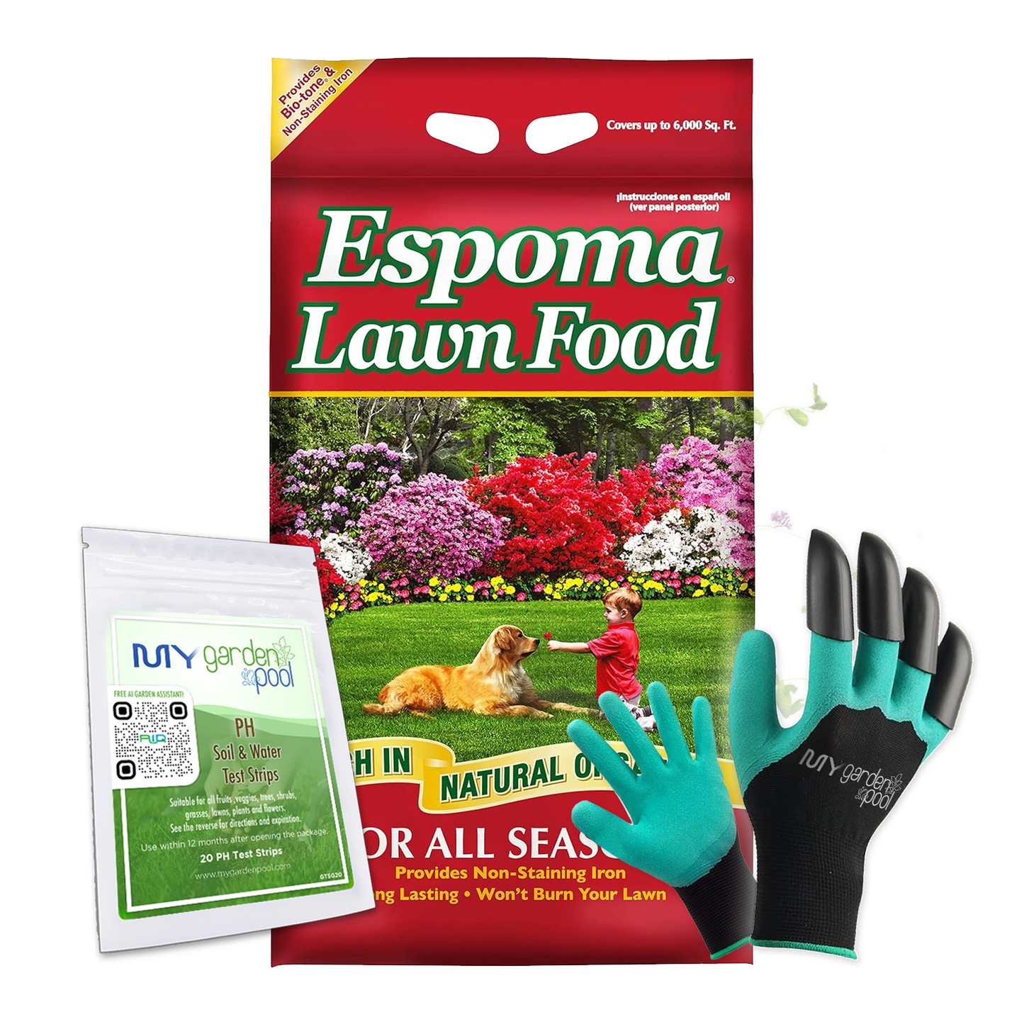 Espoma Lawn Food 15-0-5 – 40 lb Organic Lawn Fertilizer – Includes My Garden Pool Claw Gloves & Soil pH Test Strips