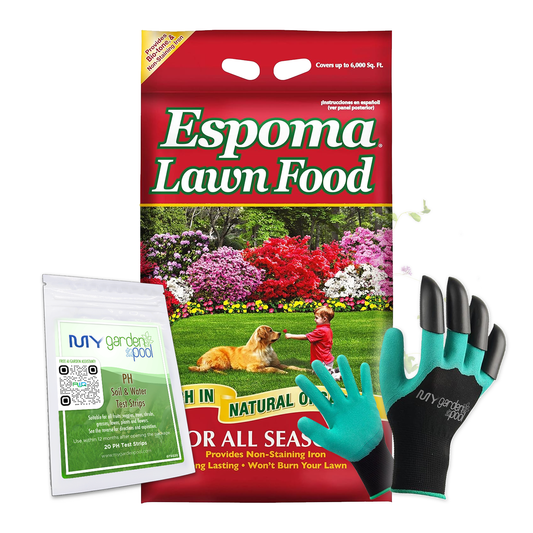Espoma Lawn Food 15-0-6 – 20 lb Organic Lawn Fertilizer – Includes My Garden Pool Claw Gloves & Soil pH Test Strips