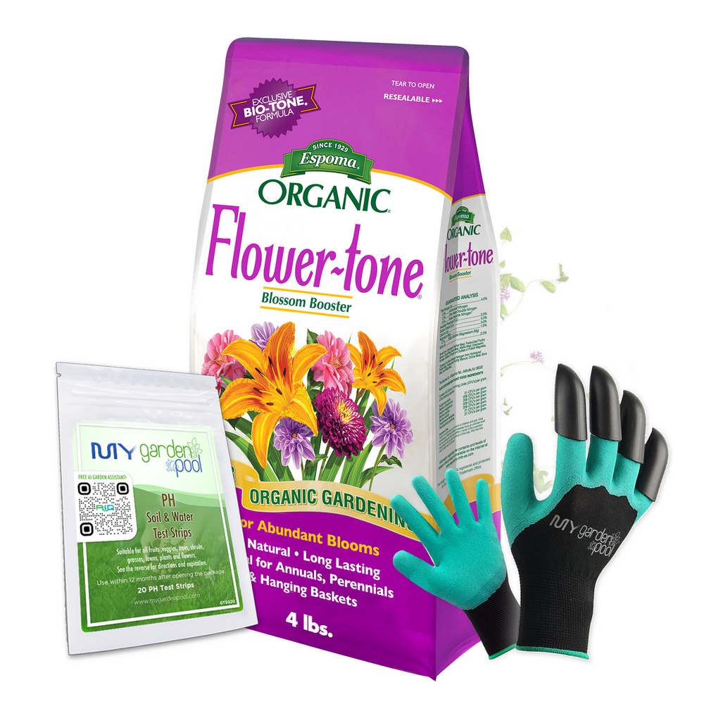 Espoma Flower-tone 4 lb – Bloom Booster Fertilizer + Free Claw Gloves & pH Test Kit