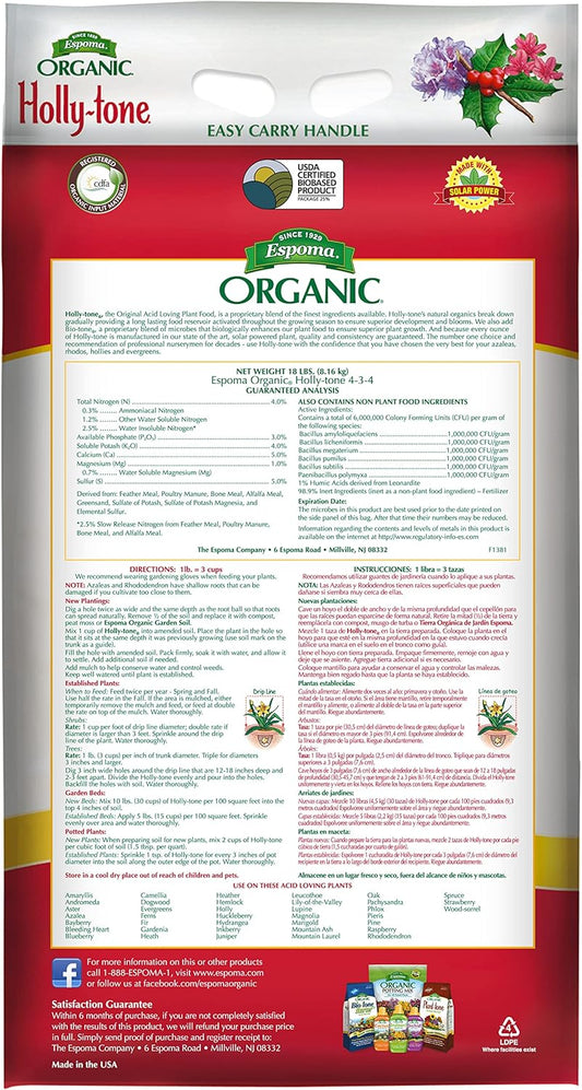 Espoma Holly-tone 18 lb – For Acid-Loving Plants + Free Claw Gloves & pH Test Kit
