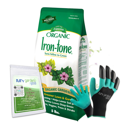 Iron-tone 5 lb – Espoma Organic Iron Supplement for Plants & Turf – Includes My Garden Pool Claw Gloves & Soil pH Test Strips