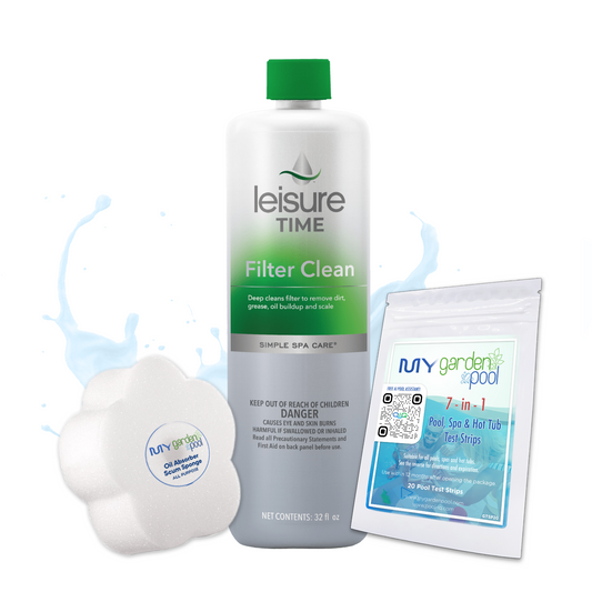 Leisure Time Filter Clean 32 fl oz – Removes Spa Filter Deposits – Improves Water Flow – Includes Scum Sponge and 7-in-1 Test Strips