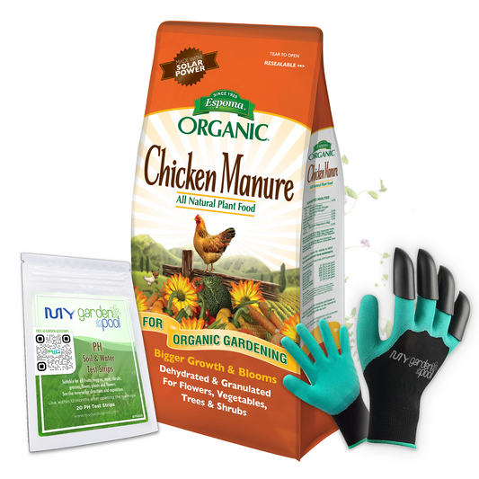 Espoma Chicken Manure 25 lb – Organic All-Natural Fertilizer for Vegetables & Flowers – Includes My Garden Pool Claw Gloves & Soil pH Test Strips