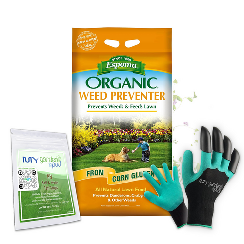 Espoma Weed Preventer 25 lb – Corn Gluten Organic Pre-Emergent – Includes My Garden Pool Claw Gloves & Soil pH Test Strips
