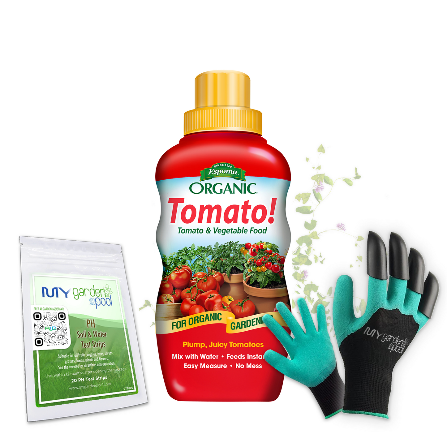 Tomato! 16 oz – Espoma Organic Liquid Tomato Plant Food – Includes My Garden Pool Claw Gloves & Soil pH Test Strips