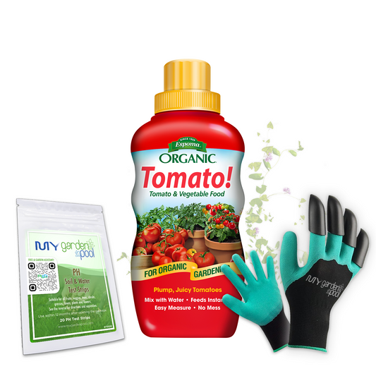 Tomato! 16 oz – Espoma Organic Liquid Tomato Plant Food – Includes My Garden Pool Claw Gloves & Soil pH Test Strips