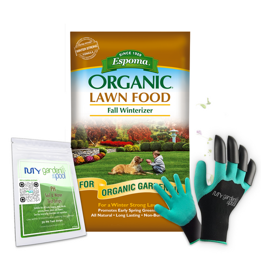 Espoma Fall Winterizer 30 lb – Organic Lawn Fertilizer 8-0-5 – Includes My Garden Pool Claw Gloves & Soil pH Test Strips
