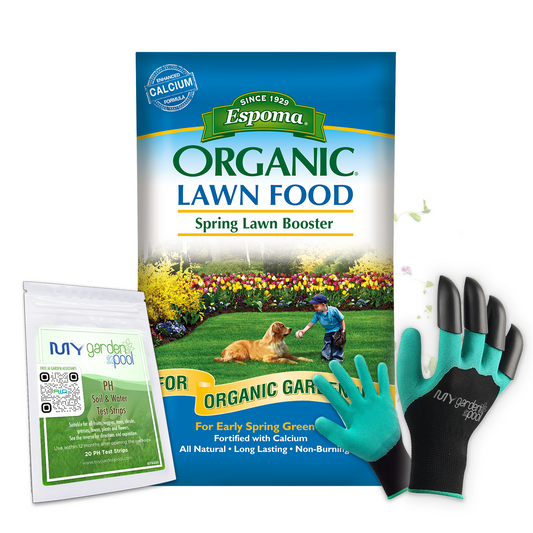 Espoma Spring Lawn Booster 30 lb – Organic Lawn Fertilizer with Bio-tone – Includes My Garden Pool Claw Gloves & Soil pH Test Strips