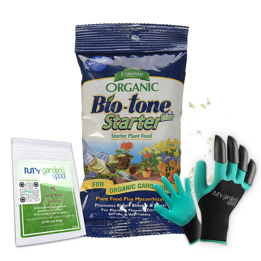 Bio-tone Starter Plus 5 oz – Espoma Organic Transplant Fertilizer Sample – Includes My Garden Pool Claw Gloves & Soil pH Test Strips