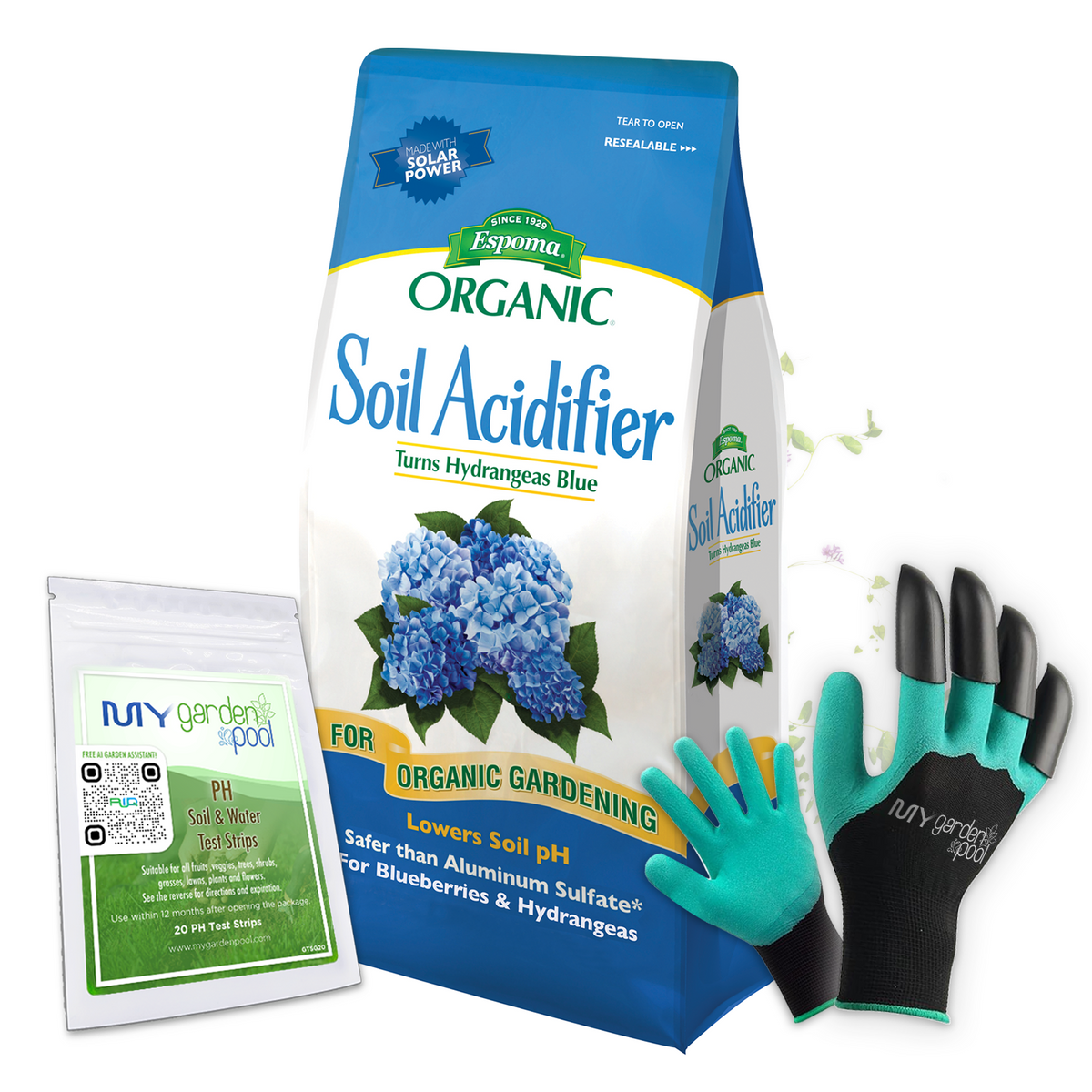 Espoma Soil Acidifier 30 lb ‚Äì Lowers pH for Hydrangeas, Blueberries & Evergreens ‚Äì With Claw Gloves & Soil pH Test Kit