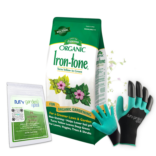 Iron-tone 20 lb – Espoma Organic Iron Supplement for Lawns & Plants – Includes My Garden Pool Claw Gloves & Soil pH Test Strips