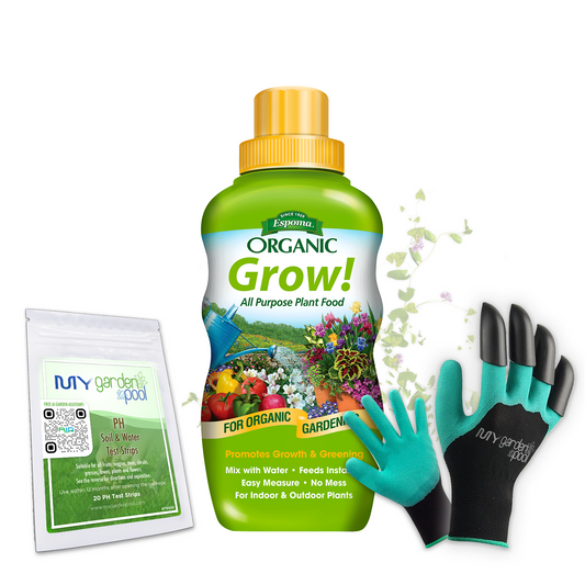 Grow! 16 oz – Espoma Organic Liquid Plant Food for All-Purpose Growth – Includes My Garden Pool Claw Gloves & Soil pH Test Strips