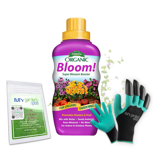 Bloom! 16 oz – Espoma Organic Liquid Plant Food for Flowering Plants – Includes My Garden Pool Claw Gloves & Soil pH Test Strips