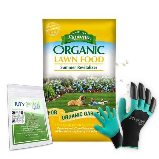Espoma Summer Revitalizer 30 lb – Organic Lawn Fertilizer 8-0-0 – Includes My Garden Pool Claw Gloves & Soil pH Test Strips