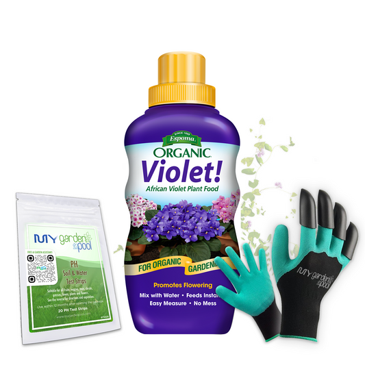 Violet! 8 oz – Espoma Organic African Violet Fertilizer – Includes My Garden Pool Claw Gloves & Soil pH Test Strips