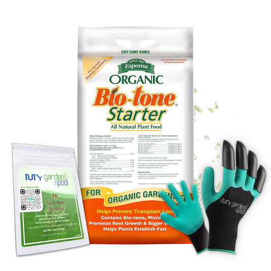 Bio-tone Starter 25 lb – Espoma Organic Plant Transplant Fertilizer – Includes My Garden Pool Claw Gloves & Soil pH Test Strips