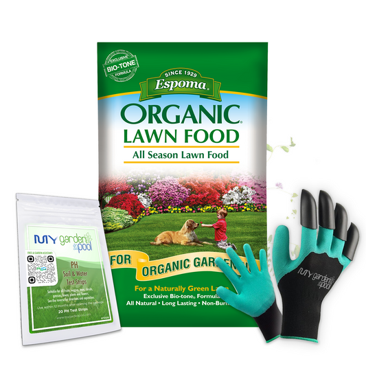 Espoma All Season Lawn Food 28 lb – Organic Lawn Fertilizer 10-0-2 – Includes My Garden Pool Claw Gloves & Soil pH Test Strips