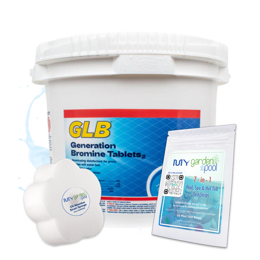 GLB Generation Bromine Tablets 25 lbs – Long-Lasting Pool Sanitizer – Consistent Water Balance – Includes 2 Scum Socks and 7-in-1 Test Strips