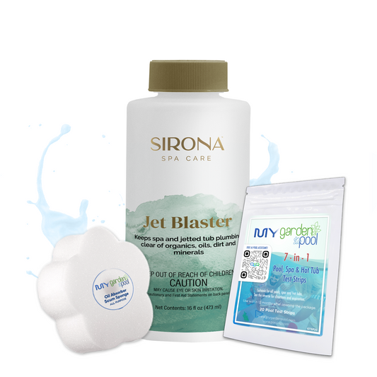 Sirona Jet Blaster 16 fl oz – Cleans Spa Jets and Plumbing – Removes Built-Up Debris – Includes Scum Sponge and 7-in-1 Test Strips