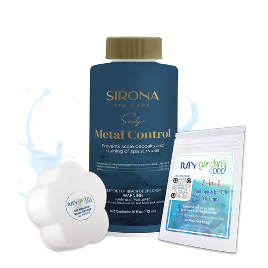 Sirona Simply Metal Control 16 fl oz – Removes Metals from Spa Water – Prevents Stains and Discoloration – Includes Scum Sponge and 7-in-1 Test Strips