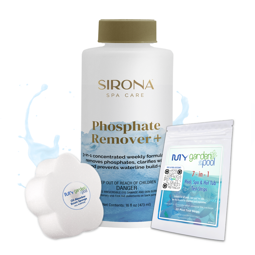 Sirona Phosphate Remover+ 16 fl oz – Eliminates Phosphates to Prevent Algae – Maintains Spa Water Purity – Includes Scum Sponge and 7-in-1 Test Strips