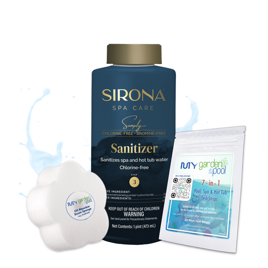 Sirona Simply Sanitizer 16 fl oz – Easy Spa Water Sanitizer – Chlorine-Free Clean Water – Includes Scum Sponge and 7-in-1 Test Strips
