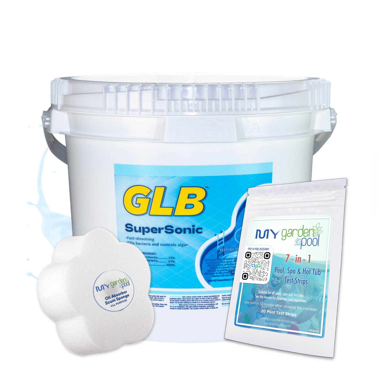 GLB SuperSonic 25 lbs – High-Strength Pool Shock Treatment – Quick Water Clarity – Includes 2 Scum Socks and 7-in-1 Test Strips