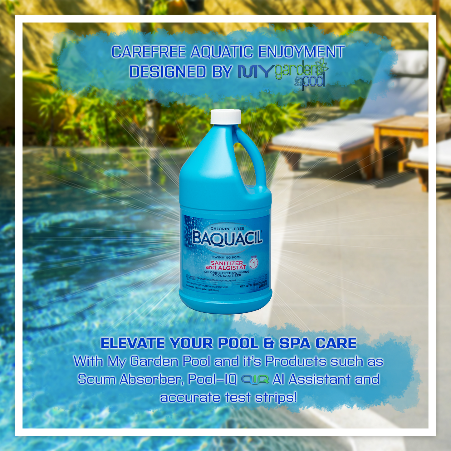 BAQUACIL Swimming Pool Sanitizer and Algistat 64 fl oz – Long-Lasting Pool Sanitizer – Effective Algae Prevention – Includes 2 Scum Socks and 7-in-1 Test Strips