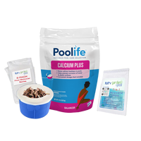 Poolife Calcium Plus 8 lb – 93% Calcium Hardness Increaser – Protects Pool Surfaces & Equipment – Includes 2 Scum Socks and 7-in-1 Test Strips