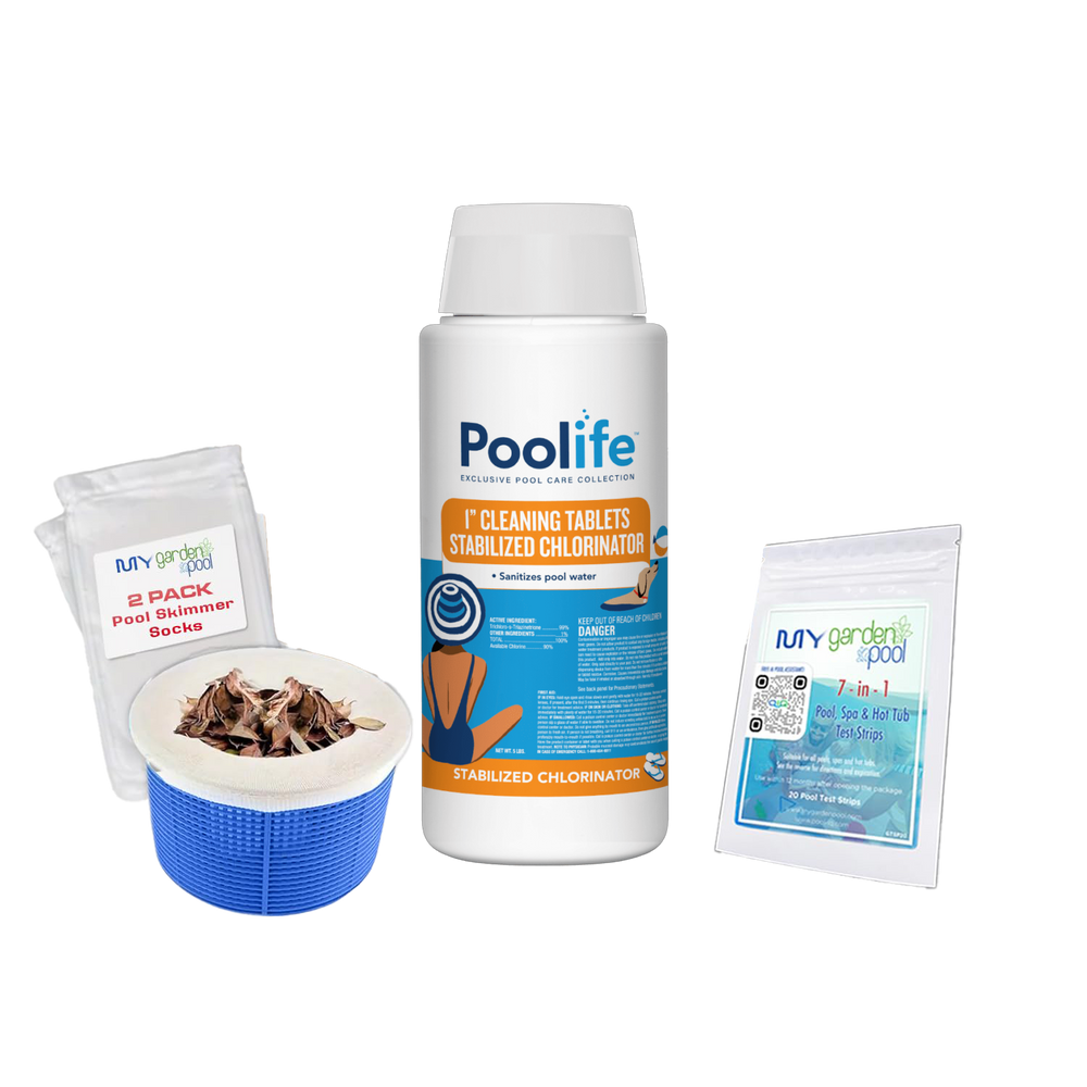 Poolife 1" Cleaning Tablets 5 lb – Powerful Stabilized Chlorine for Small Pools & Spas – Includes 2 Scum Socks and 7-in-1 Test Strips