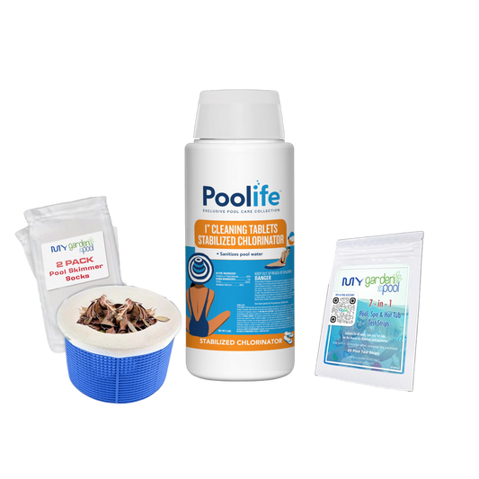 Poolife 1" Cleaning Tablets 5 lb – Powerful Stabilized Chlorine for Small Pools & Spas – Includes 2 Scum Socks and 7-in-1 Test Strips