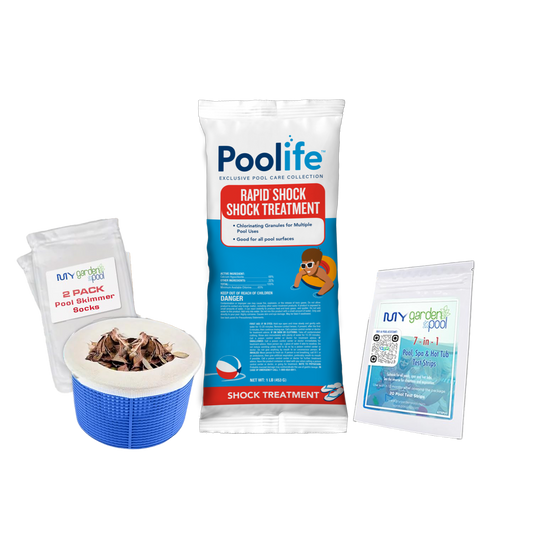 Poolife Rapid Shock 1 lb – Fast-Dissolving Pool Chlorine Shock – Restores Water Clarity – Includes 2 Scum Socks and 7-in-1 Test Strips