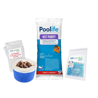Poolife NST Purify 1 lb – Stabilizer-Free Chlorine Shock for Pools – Tablet Shock Formula – Includes 2 Scum Socks and 7-in-1 Test Strips