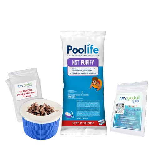 Poolife NST Purify 1 lb – Stabilizer-Free Chlorine Shock for Pools – Tablet Shock Formula – Includes 2 Scum Socks and 7-in-1 Test Strips