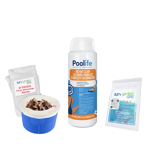 Poolife Instant Clear Cleaning Granules 35 lb – Professional-Grade Cal Hypo Shock – Clears Cloudy Water Fast – Includes 2 Scum Socks and 7-in-1 Test Strips