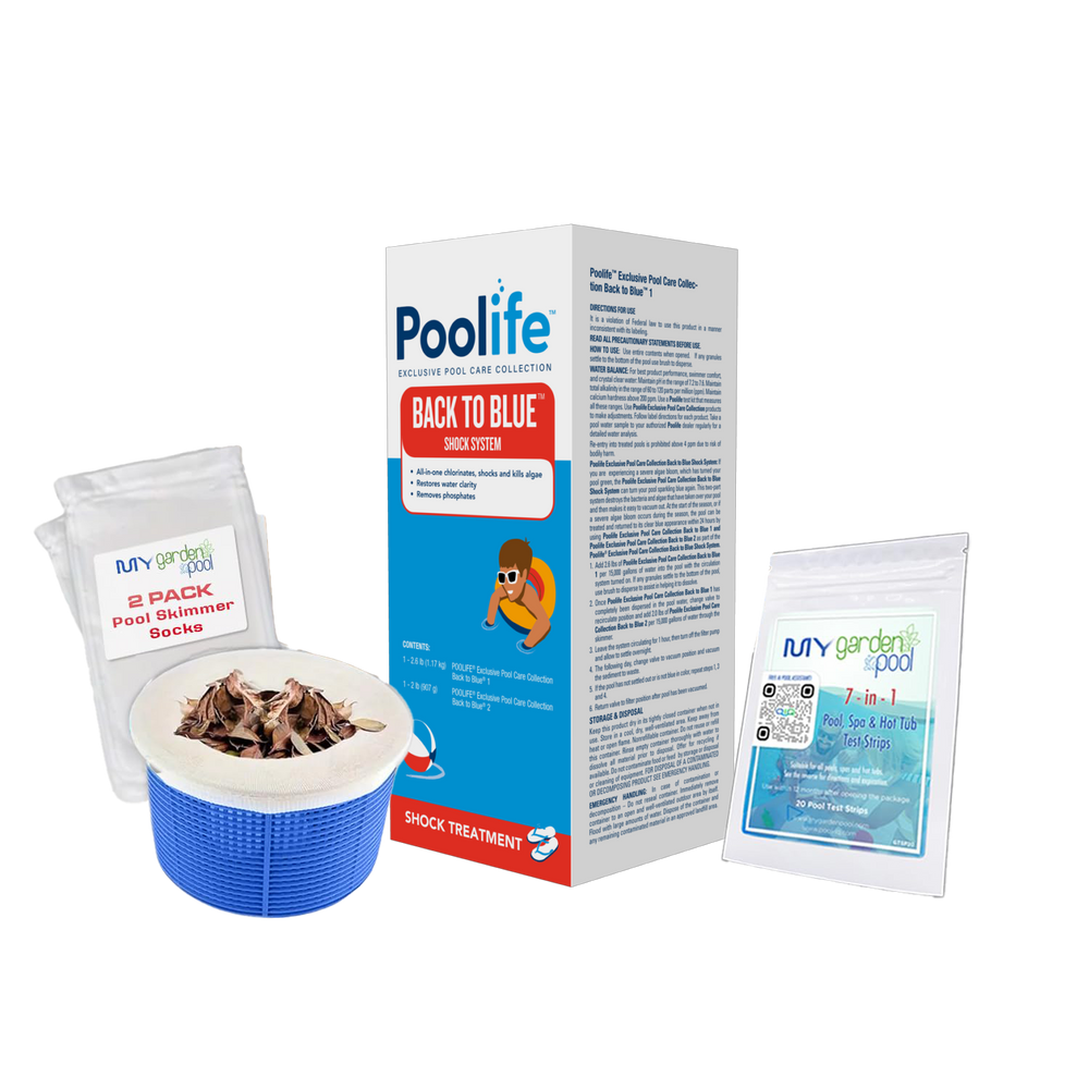 Poolife Back to Blue 1 Kit – Powerful 2-Part Pool Treatment – Clears Severe Cloudy or Green Water – Includes 2 Scum Socks and 7-in-1 Test Strips