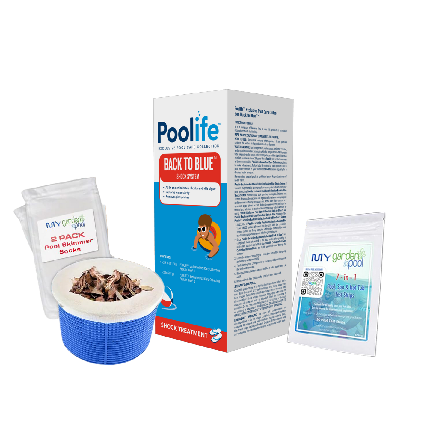 Poolife Back to Blue 1 Kit – Powerful 2-Part Pool Treatment – Clears Severe Cloudy or Green Water – Includes 2 Scum Socks and 7-in-1 Test Strips