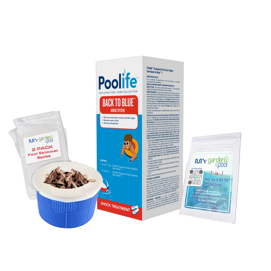 Poolife Back to Blue 1 Kit – Powerful 2-Part Pool Treatment – Clears Severe Cloudy or Green Water – Includes 2 Scum Socks and 7-in-1 Test Strips