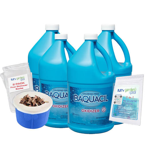 BAQUACIL Swimming Pool Oxidizer – Case of 4 Gallons – Non-Chlorine Shock Treatment – Step 2 of BAQUACIL System – Includes 4 Scum Socks & Test Kits