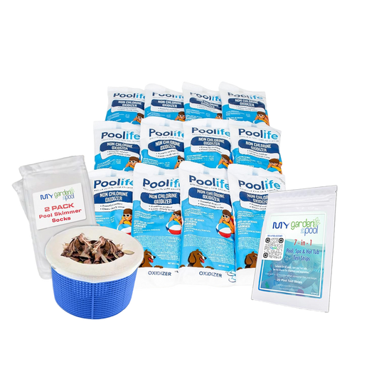 Poolife Non-Chlorine Oxidizer 12 Pack (1 lb each) – Ideal for Bromine Pools – Weekly Pool Shock – Includes 2 Scum Socks and 7-in-1 Test Strips