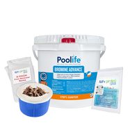 Poolife Bromine Advance 25 lb – Powerful Bromine Tablets for Pools & Spas – Includes 2 Scum Socks and 7-in-1 Test Strips