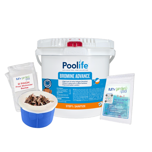 Poolife Bromine Advance 25 lb – Powerful Bromine Tablets for Pools & Spas – Includes 2 Scum Socks and 7-in-1 Test Strips