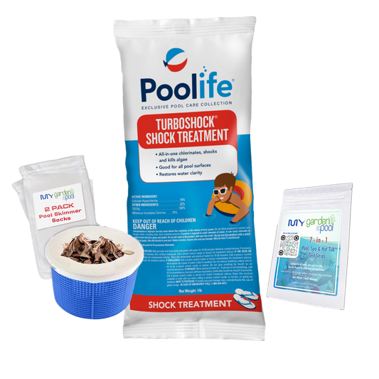 Poolife TurboShock Treatment 1 lb – Powerful Pool Shock – Fast Water Recovery + Free Scum Socks & 7-in-1 Test Strips